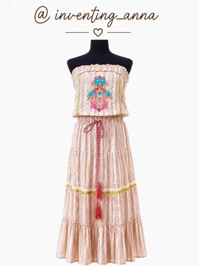 Creams, Pinks, and Golds - Embroidered Lace, Metallic Design Tube Top Maxi Dress
